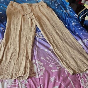 Beige Linen Blend Wide-Leg Drawstring Elastic Waist Women's Pants Pinstripe